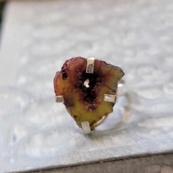 Yellow and Pink Agate Slice Statement Rings, 0.57 Inch Ring, Size 8 - Picture 2 of 10